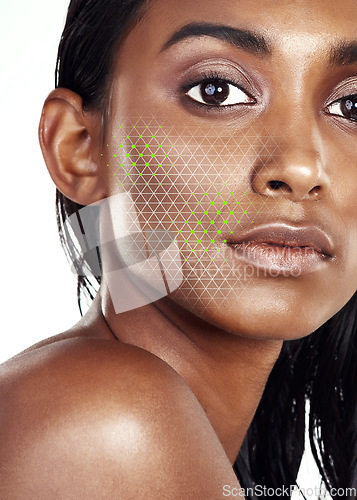 Image of Portrait, change and facial recognition for beauty with a woman in studio isolated on white background. Skincare, hologram and a model scanning her face for makeup innovation, transformation or tech