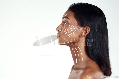 Image of Face profile, plastic surgery lines and woman for beauty filler, cosmetics treatment or facial skincare collagen. Mockup advertising space, arrow and aesthetic studio person on white background