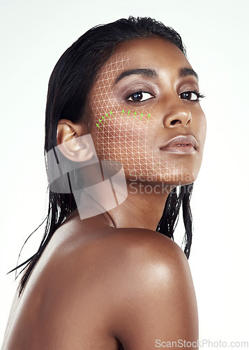 Image of Portrait, beauty and facial recognition for skincare with a model in studio isolated on a white background. 3D face scan, change or transformation with a woman rendering her skin for digital makeup