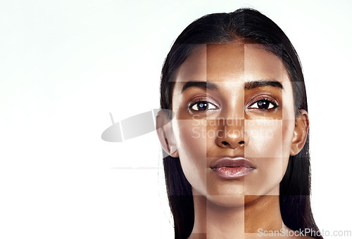 Image of Portrait, beauty and skincare transformation with a woman in studio isolated on white background. Skin, mockup and facial recognition with a model scanning her face for change or makeup innovation