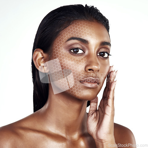 Image of Woman, portrait and skincare with overlay on face in beauty, dermatology or makeup against a white studio background. Female person or model in cosmetics or facial treatment in cosmetology or science