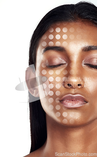 Image of Beauty, 3D face scan and a woman in studio isolated on white background for transformation. Skincare, hologram and facial recognition with a model using technology for makeup automation or innovation