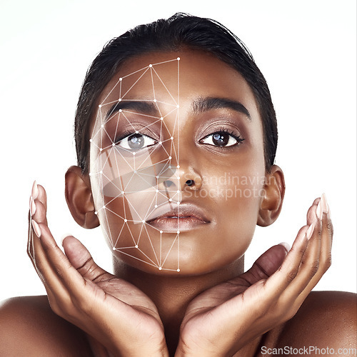 Image of Portrait, change and facial recognition for skincare with a model in studio isolated on a white background. 3D face scan, beauty or transformation with a woman rendering her skin for digital makeup