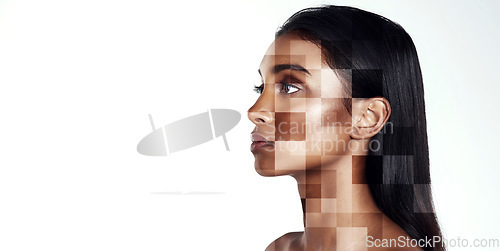 Image of Beauty, profile and facial recognition for skincare with a woman in studio isolated on white background. Space, hologram and change with a model scanning her face for makeup technology or innovation