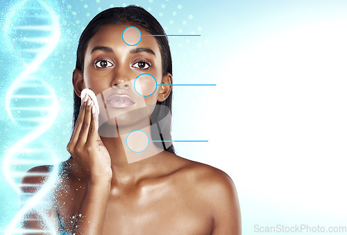 Image of Skincare, science and cotton on woman face in studio with dna, genetics or checklist overlay on technology background. Beauty, facial and portrait of model with innovation, swab or cosmetic cleaning