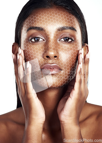 Image of Portrait, beauty and digital transformation for skincare with a woman in studio isolated on white background. Facial recognition, change and a model scanning her face for makeup rendering innovation