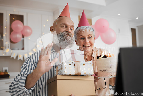 Image of Birthday party, video call and senior couple celebrate online with cake for remote event and connection on tablet. Internet, web and elderly people excited for gift or virtual surprise together