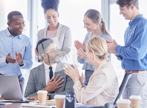 Image of Business people, applause and meeting success, support or thank you and achievement, praise or promotion on laptop. Professional group of men and women clapping for winner congratulations and bonus