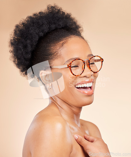 Image of Beauty, laugh and happy black woman in studio for natural cosmetics, satisfaction or feel good wellness on brown background. Smile, laughing and African lady model excited about skincare glow results