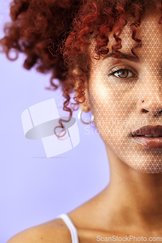 Image of Portrait, mockup and a facial recognition for beauty with a woman on a purple background in studio. Half face, beauty and innovation with a young model scanning her skin for change or transformation