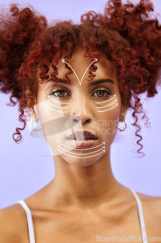 Image of Studio portrait, plastic surgery lines and woman with cosmetics, facial aesthetic and medical beauty treatment. Skincare, collagen filler arrow and patient face transformation on purple background