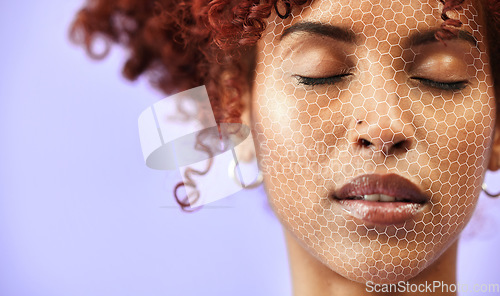 Image of Skincare, mockup and a facial recognition for beauty with a woman on a purple background in studio. Face, future and innovation with a young model scanning her skin for change or transformation