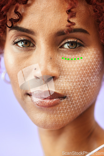 Image of Skincare, facial recognition and rendering for beauty with a woman on a purple background in studio. Technology, future and innovation with a model scanning her face for change or transformation