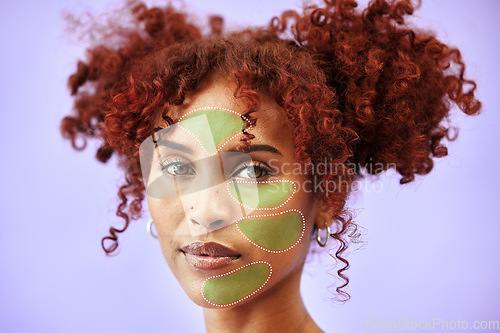 Image of Skincare, overlay and portrait of woman for beauty, facial treatment and wellness in studio. Dermatology, mockup and hologram on person for anti aging, oily face and cosmetics on blue background