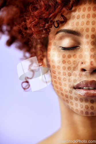 Image of Skincare, technology and a facial recognition for beauty with a woman on a purple background in studio. Face, future and innovation with a young model scanning to render her skin for transformation