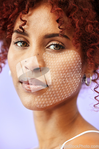 Image of Portrait, skin and a facial recognition for beauty with a woman on a purple background in studio. Skincare, future and innovation with a young model scanning her face to render for transformation