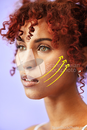 Image of Studio face, plastic surgery lines and woman with dermatology cosmetics, silicone aesthetic change and beauty treatment. Grid, salon filler arrow and client facial transformation on purple background