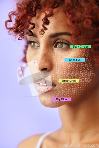 Image of Skincare, overlay and face of woman with label for beauty, facial treatment and wellness in studio. Dermatology, mockup and hologram on person for anti aging, results and cosmetics on blue background