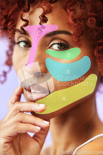 Image of Skincare, hologram and portrait of woman for beauty, facial treatment and wellness on blue background. Dermatology, mockup and face on person for anti aging, spa overlay and cosmetics in studio