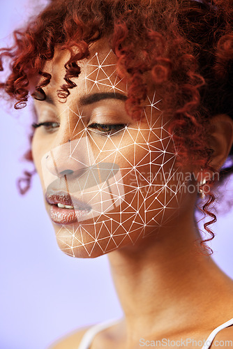 Image of Skincare, facial recognition and grid for beauty with a woman on a purple background in studio. Face, future and innovation with a young model digital scanning her skin for change or transformation