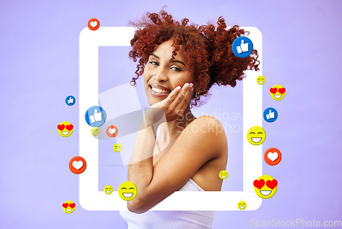 Image of Social media, portrait and woman in a frame for a blog, post or profile picture of influencer with support of online following. Happy, face or model in studio background and border or website overlay