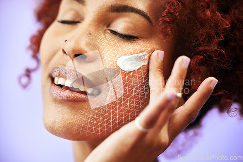 Image of Beauty, skincare overlay or woman with face cream or sunscreen creme product in grooming routine. Dermatology cosmetic, purple background or biracial model with smile to apply facial lotion in studio