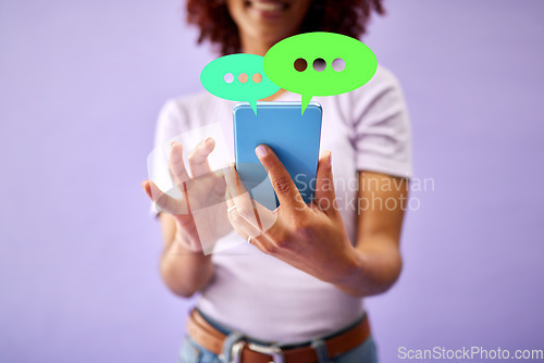 Image of Phone, hands and woman on social media speech bubble in studio isolated on purple background mockup space. Smartphone, communication and person on chat, feedback opinion or voice notification online