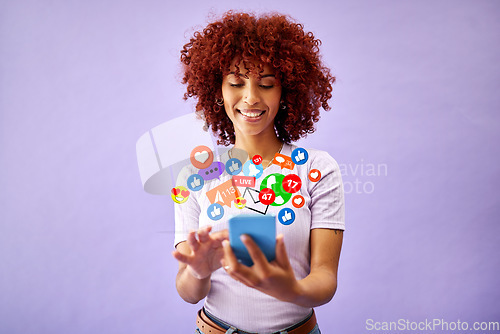 Image of Smile, chat and a woman with a phone for social media, networking or digital marketing. Happy, reaction and a girl reading on a mobile with a notification icon on a purple background for an app