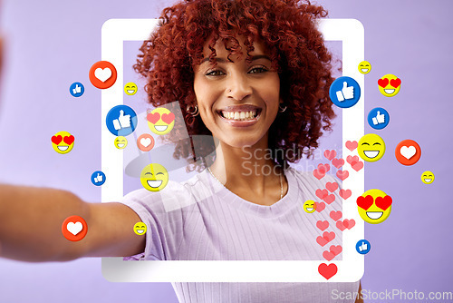 Image of Selfie of happy woman influencer, social media and emoji in studio to like, subscribe and review. Frame, photography and girl on live stream with purple background with notification icon on video app