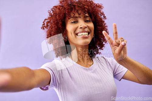 Image of Smile, peace sign and portrait of a woman with a selfie on a purple background for fashion. Happy, emoji hand and girl or model with a gesture and taking a photo with a cool attitude for social media