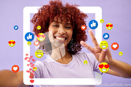 Image of Selfie of woman with peace sign, social media and emoji in studio to like, subscribe and review. Frame, face and streamer girl on purple background with notification icon, hand gesture and online app