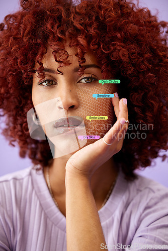 Image of Beauty, cosmetic and portrait of woman with digital overlay for natural makeup routine. Self care, 3d scan and face of young model with facial cosmetology treatment analysis by studio background.