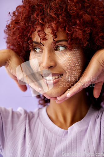 Image of Beauty, skincare and woman with face recognition for natural, wellness and health routine. Self care, digital hologram and young model with facial cosmetic treatment overlay by a studio background.