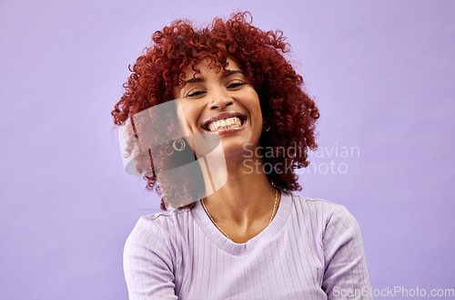 Image of Natural, African beauty and portrait of woman in fashion with confidence, pride and smile on purple background in studio. Happy, face and collagen cosmetics for afro or dermatology skincare in salon