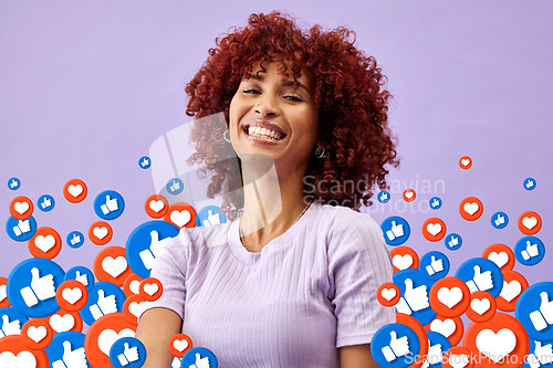 Image of Portrait of happy woman with social media like emoji in studio to love, subscribe and review. Smile, face and girl on purple background with notification icon for vote, opinion and networking online.