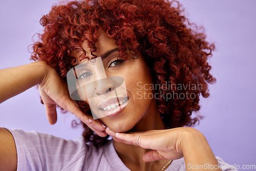 Image of Beauty, skincare and portrait of woman in a studio for natural, cosmetic and glamour routine. Makeup, smile and face of happy young model with facial cosmetology treatment by purple background.