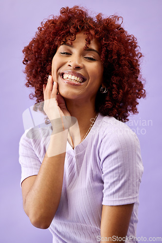 Image of Cosmetic, skincare and portrait of happy woman in studio for natural, beauty and glamour routine. Makeup, smile and face of Mexican young model with facial cosmetology treatment by purple background.