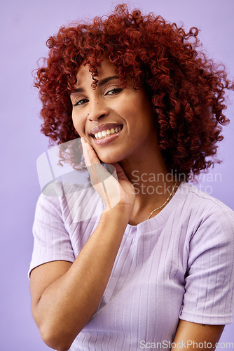 Image of Happy, makeup and portrait of woman in a studio with natural, beauty and glamour face routine. Self care, cosmetic and young female model from Mexico with facial cosmetology by a purple background.