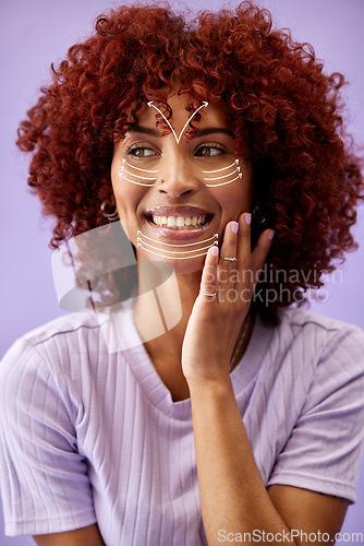 Image of Facial recognition, shape and a woman on a purple background for skincare, wellness or beauty. Smile, thinking and a young girl or female model with lines on face for wrinkles, aging or lifting