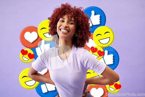 Image of Influencer, portrait of woman with smile and emoji in studio to like, subscribe and review on post. Happy, face and streamer girl on purple background with notification icon opinion on social media.