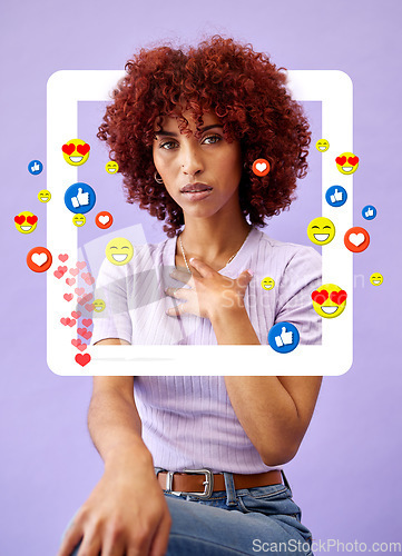 Image of Portrait of woman influencer, social media and emoji in studio to like, subscribe and review. Frame, face and streamer girl on purple background with notification icon overlay, opinion and networking