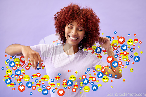 Image of Happy woman, content creator and social media emoji in studio to like, subscribe and review online. Smile, face and streamer girl on purple background with notification icon for vote, opinion and app