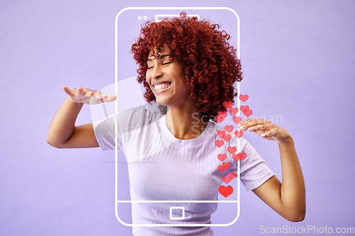 Image of Studio, woman influencer and social media icon to like, subscribe and review online with smile. Frame, face and streamer girl on purple background with notification emoji on phone for networking app