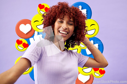 Image of Selfie of woman influencer, social media and emoji in studio to like, subscribe and review online. Photography, content creation and girl on purple background with notification icon on live stream.