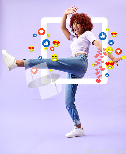 Image of Excited woman influencer, social media and emoji in studio to like, subscribe and review. Frame, kick and streamer girl on purple background with notification icon overlay, happiness and digital app