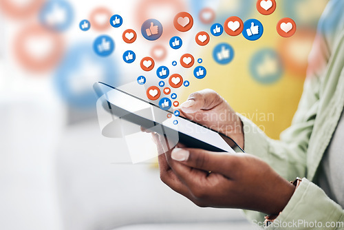 Image of Phone, social media icon or hands typing for communication, chat texting or online dating. Closeup, like emoji overlay or person on a mobile app screen to scroll on website or digital network at home