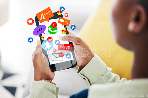 Image of Phone, notification icon or black woman on social media online dating for chat texting communication. Like, heart emojis overlay or person typing on app screen, website or digital network at home