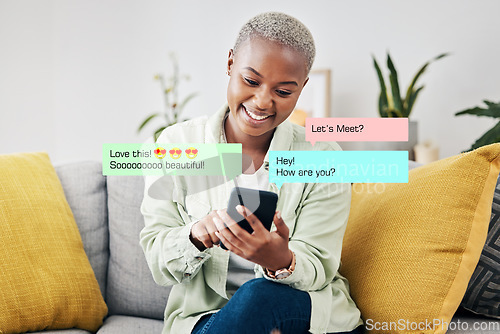 Image of Phone, message icon or black woman online dating for communication, chat texting or social media. Smile, heart emojis overlay or happy African lady typing on app or website or digital network at home