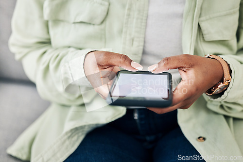 Image of Phone, screen or hands of woman online for email communication, chat texting or social media. Reading news, closeup or person typing on app to scroll website or digital network on couch at home