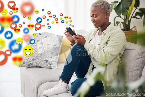 Image of Woman, phone and emoji icon for social media on home sofa for connection, content or platform. African person smile at smartphone for communication app, network and like or love reaction overlay